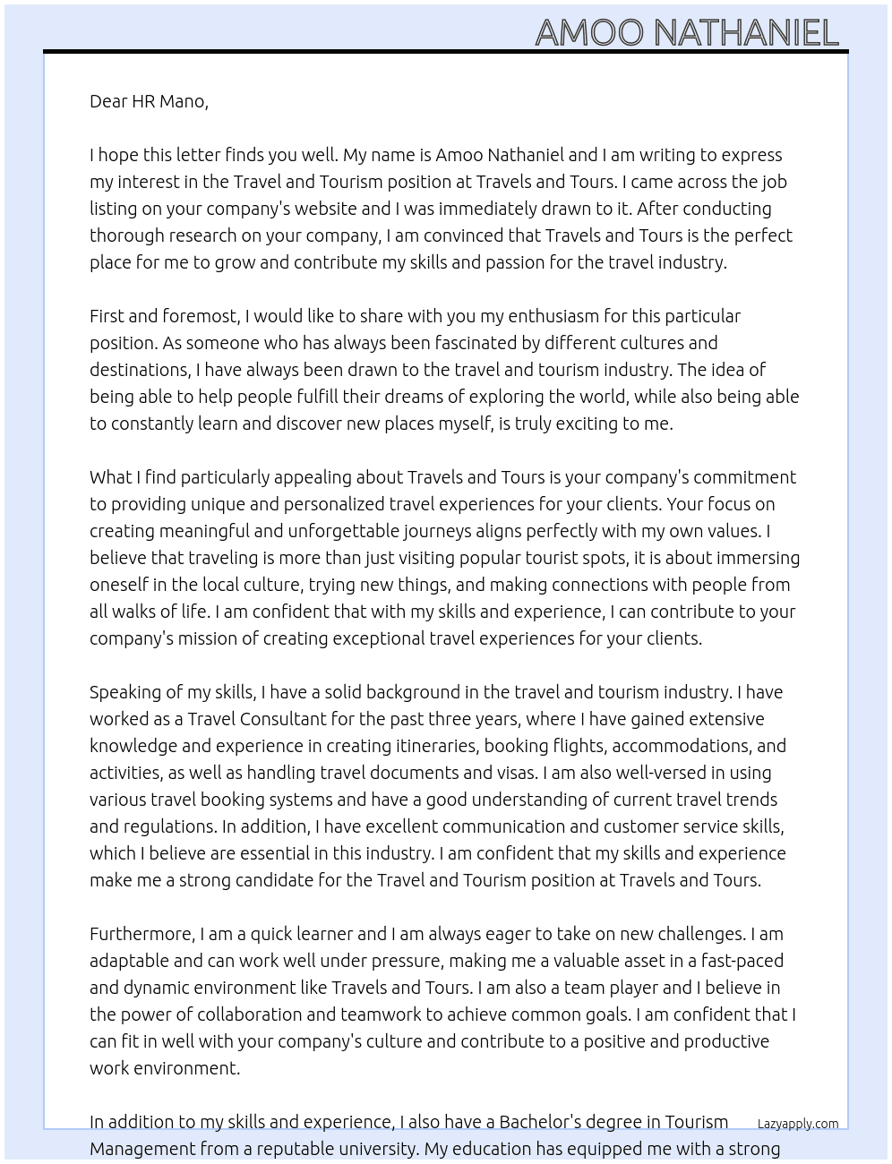 Travel and Tourism  At Travels and Tours Cover Letter