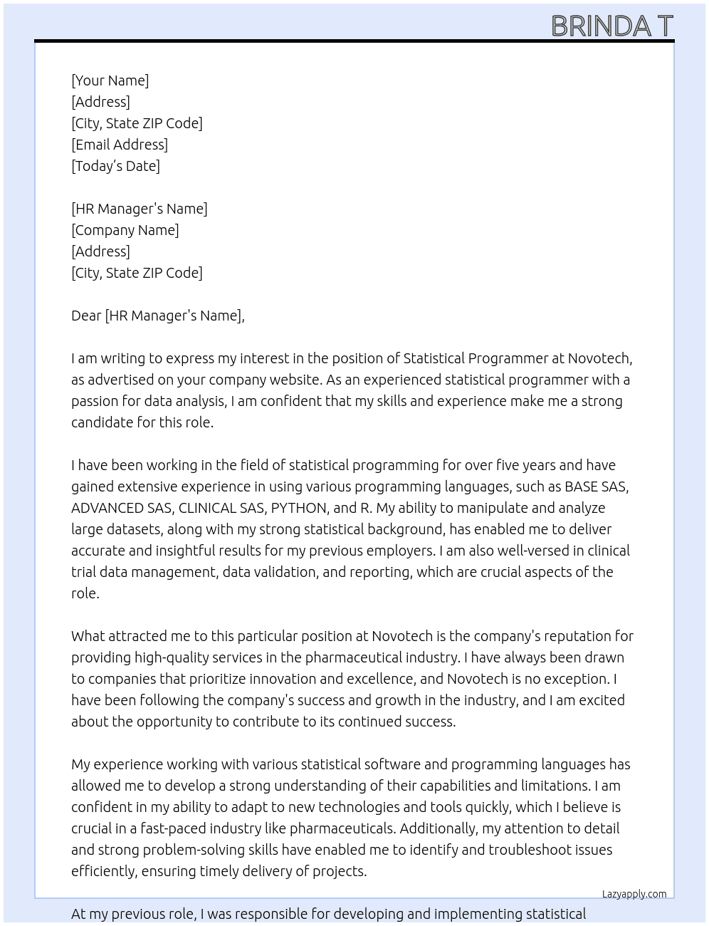 STATISTICAL PROGRAMMER At Novotech Cover Letter