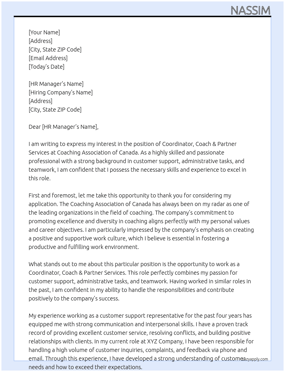COORDINATOR, COACH & PARTNER SERVICES At coaching association of canada Cover Letter