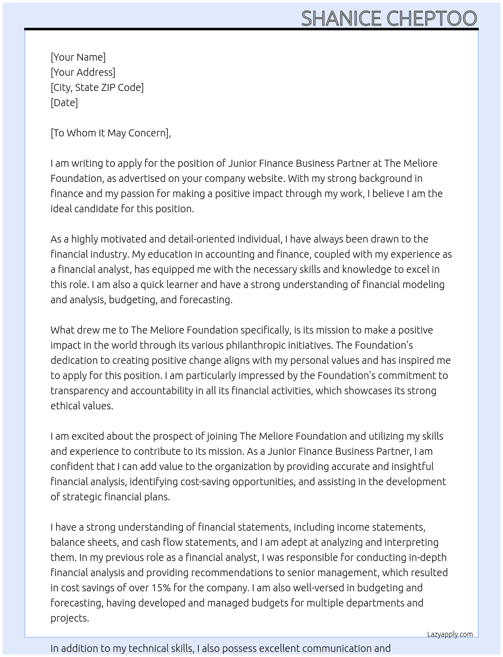 Junior Finance Business Partner  At The Meliore Foundation Cover Letter