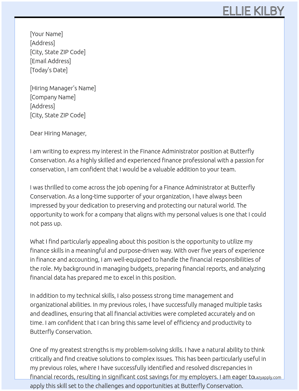 Finance Administrator At Butterfly Conservation Cover Letter