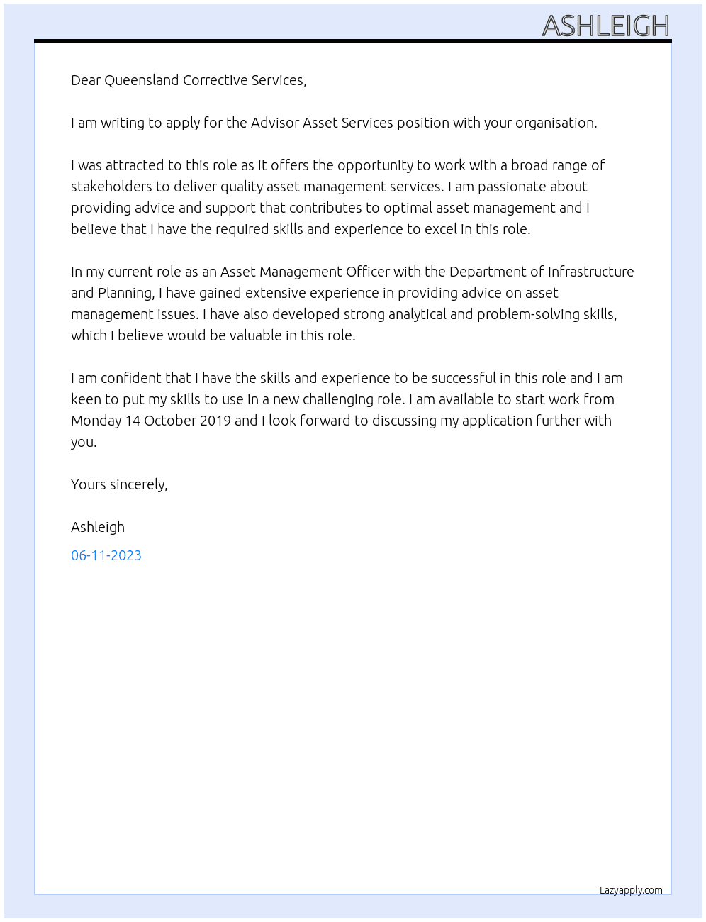 Advisor Asset Services At Queensland Corrective Services Cover Letter