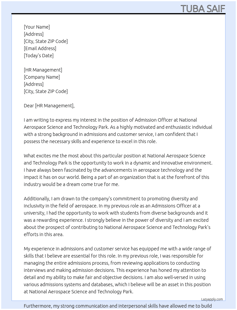Admission officer At National Aerospace science and technology park Cover Letter