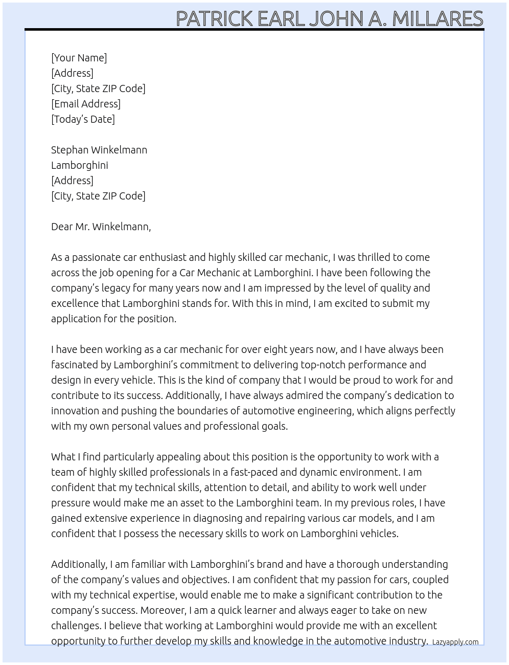 Car Mechanic At Lamborghini Cover Letter