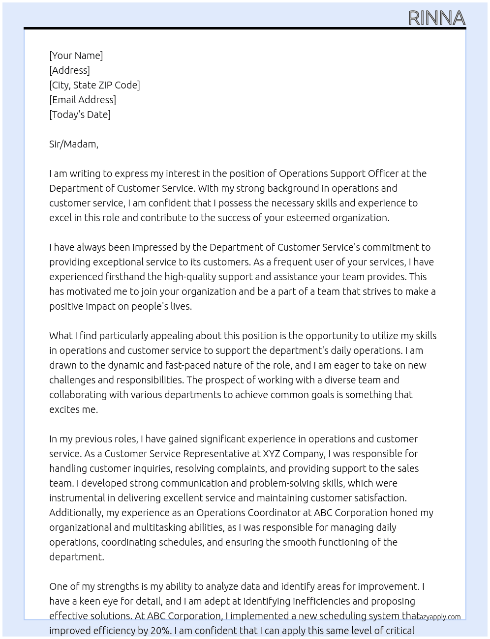 Operations Support Officer At Department of Customer Service Cover Letter