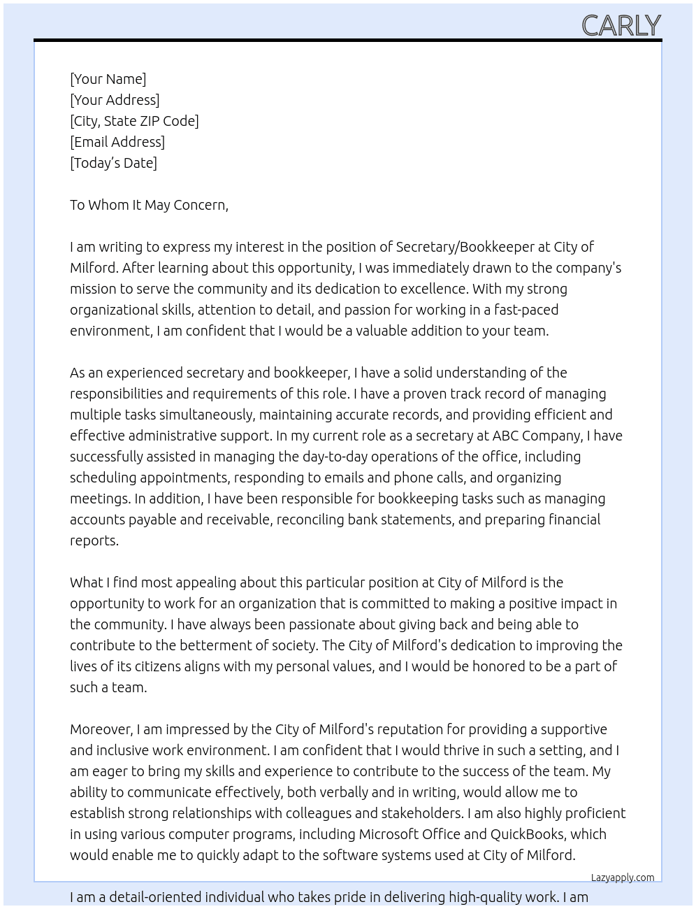 Cover letter for secretary/bookkeeper - LazyApply