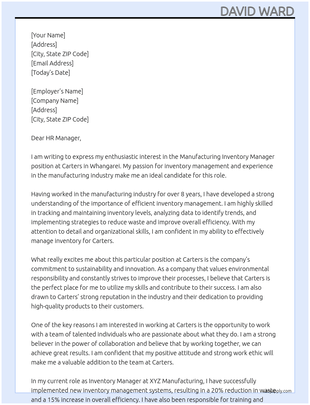 Manufacturing Inventory Manager At Carters Cover Letter