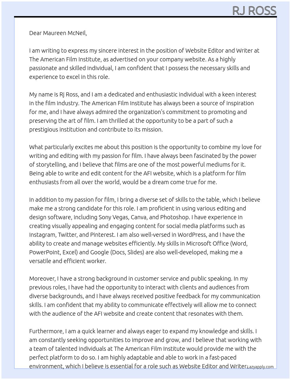 Website Editor and Writer  At The American Film Institute  Cover Letter