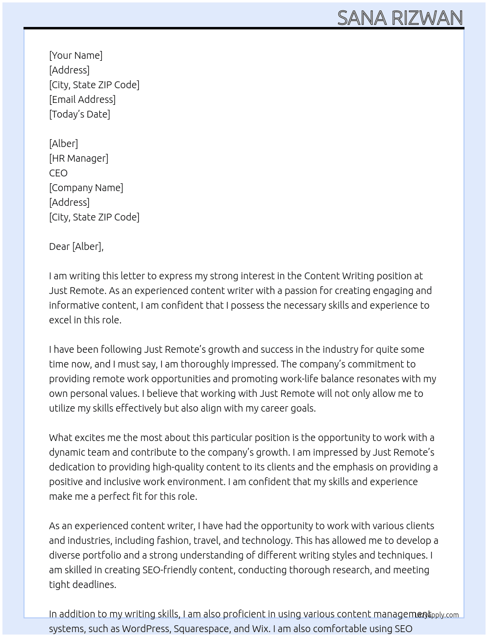 Content writing At Just remote Cover Letter