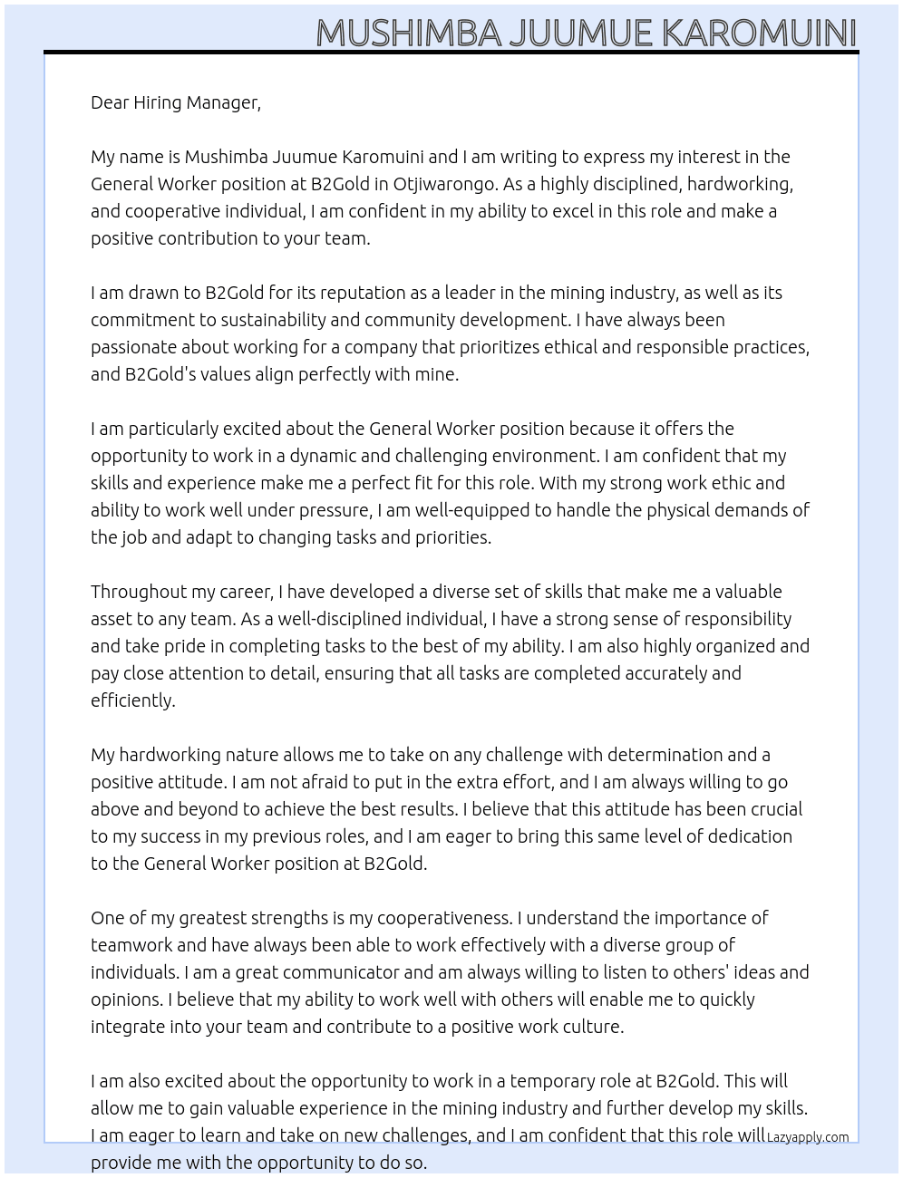 General Worker At B2Gold Cover Letter