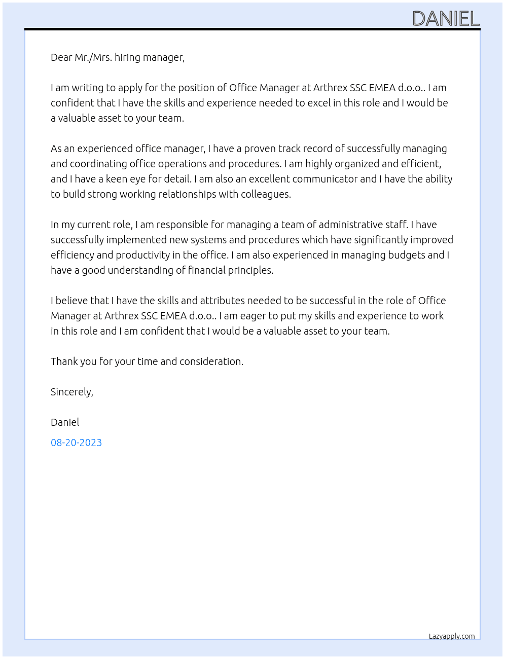 Office Manager At Arthrex Cover Letter