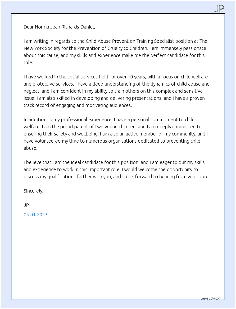 Child Abuse Prevention Training Specialist At The New York Society for the Prevention of Cruelty to Children Cover Letter