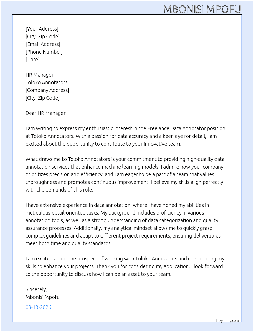 Freelance Data Annotator At Toloko Annotators Cover Letter