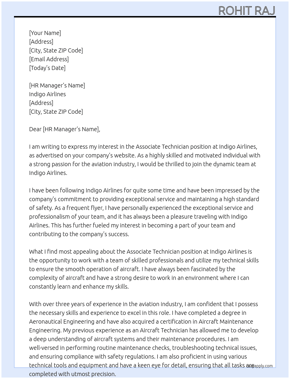  Associate Technician At Indigo airlines Cover Letter