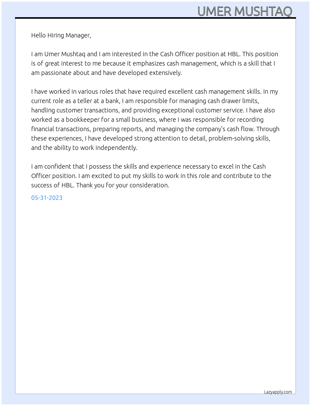 Cash officer At HBL Cover Letter