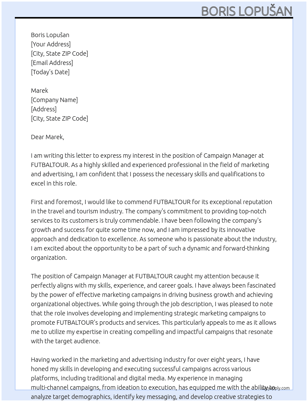 campaign manager At FUTBALTOUR Cover Letter