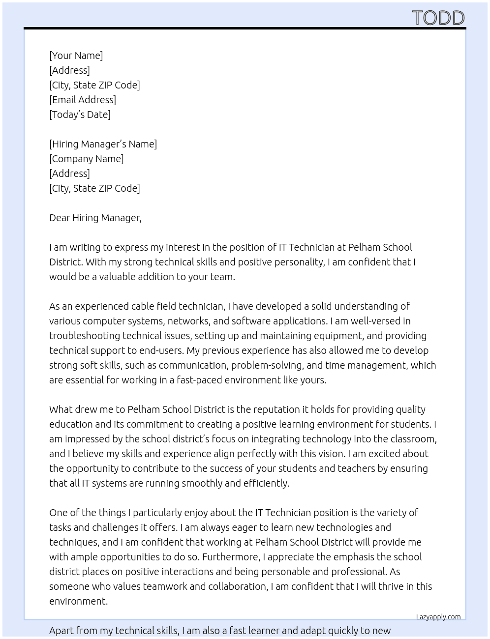 IT Technician At Pelham School District Cover Letter