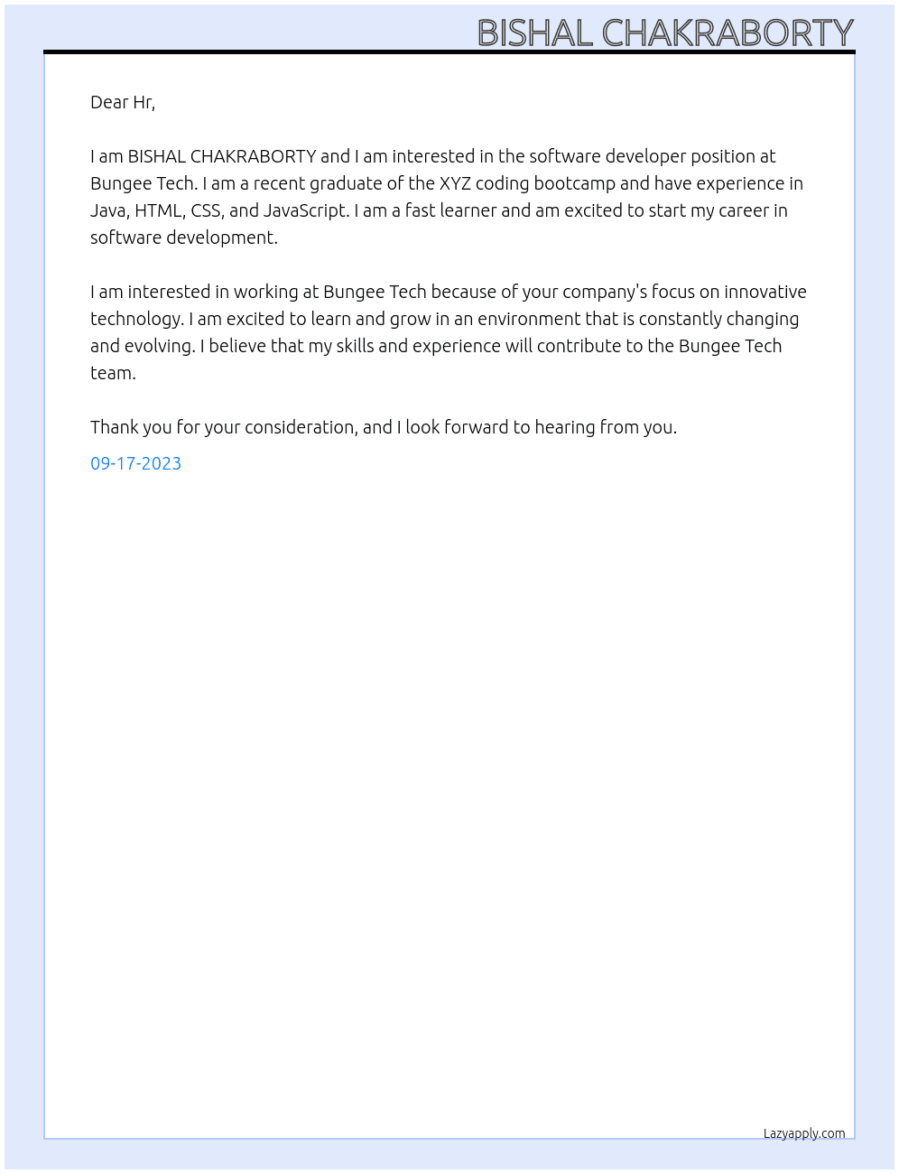 software developer At Bungee Tech Cover Letter
