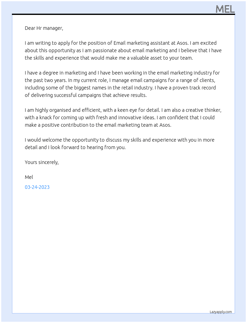 Email marketing assistant  At Asos Cover Letter