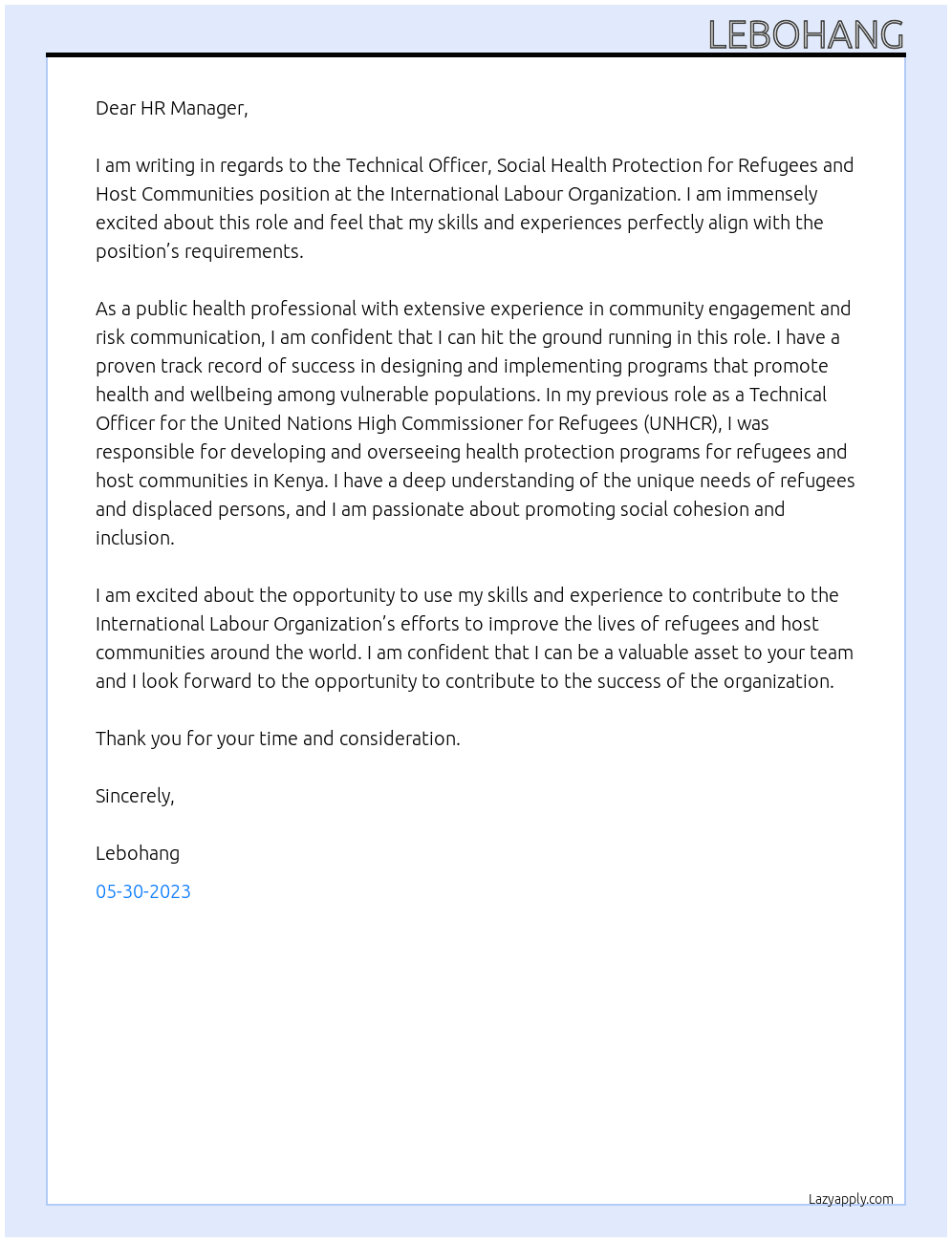 Technical Officer, Social Health Protection for Refugees and Host Communities At International Labour Organization Cover Letter