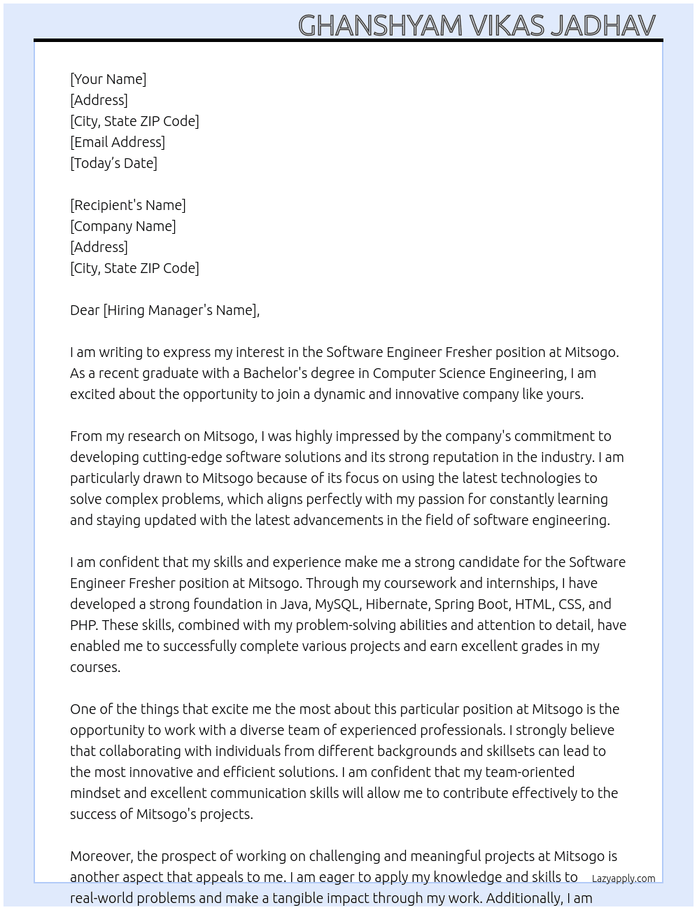 Cover letter for software engineer fresher - LazyApply