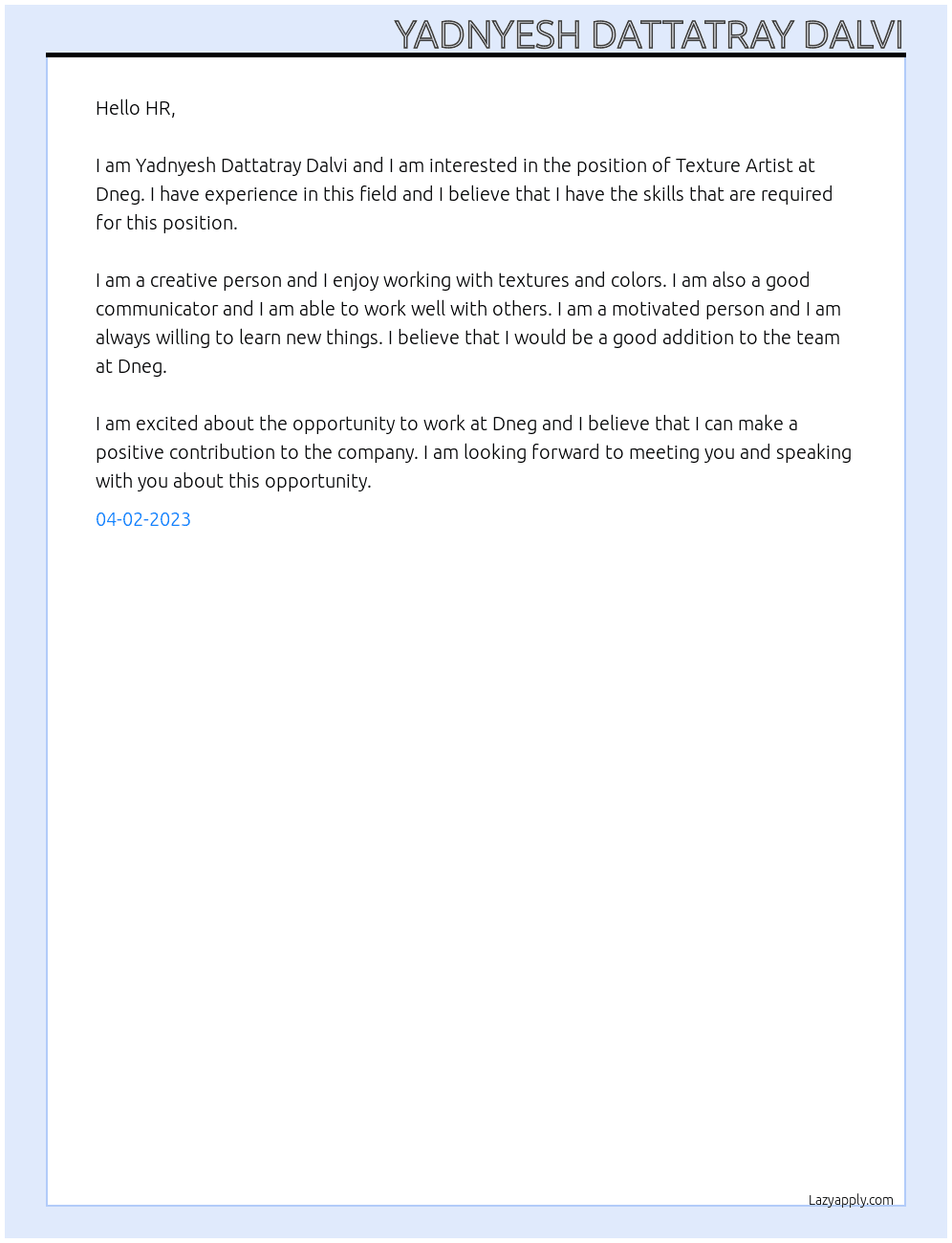 Texture Artist At Dneg Cover Letter