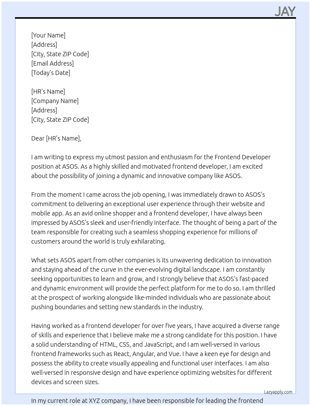 frontend developer At asos Cover Letter