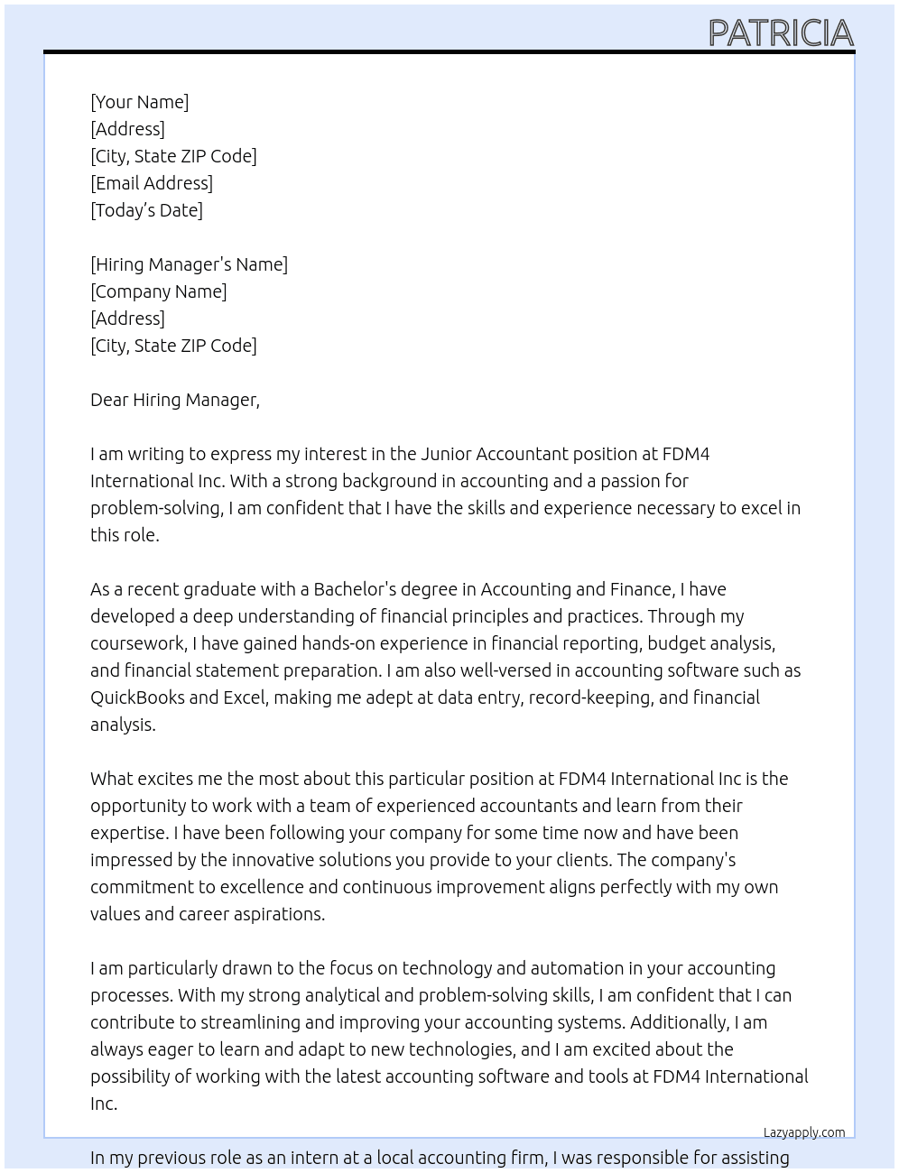 Junior Accountant At FDM4 International Inc Cover Letter