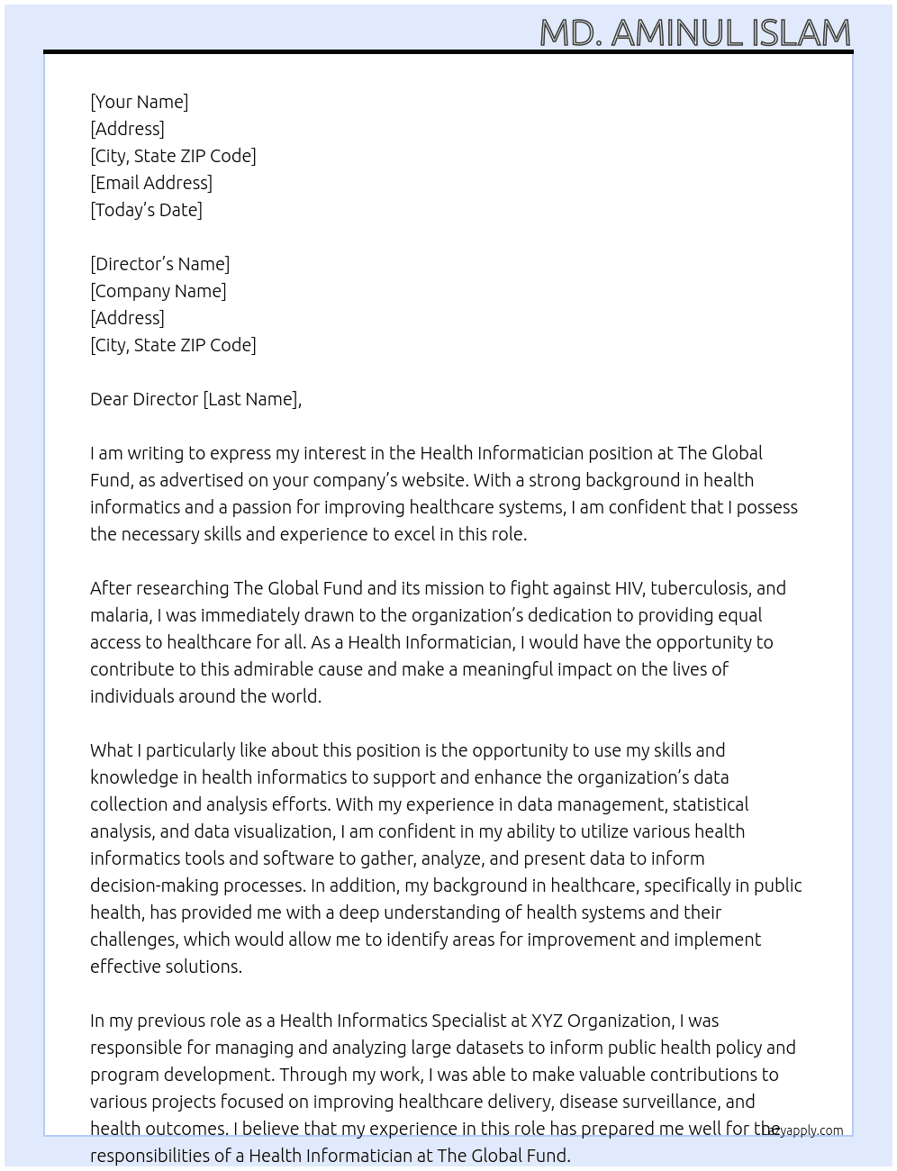 Health Informatician At The Global Fund Cover Letter