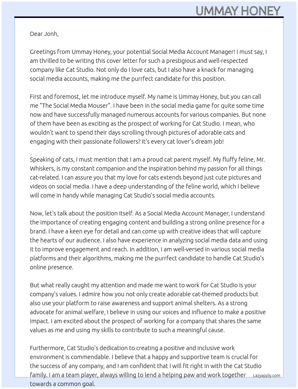 Cover letter for social media account manager - LazyApply