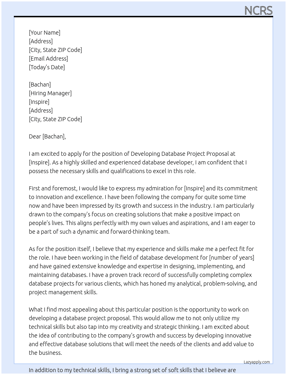 Developing Database project proposal At Inspire Cover Letter
