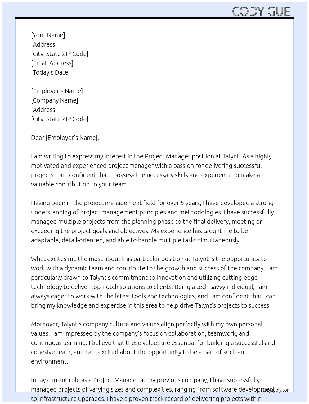 Project Manager At Talynt Cover Letter