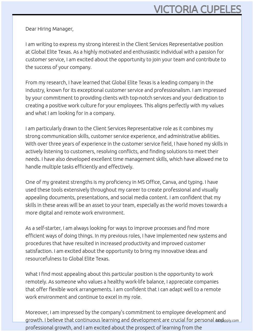 Client Services Representative At Global Elite Texas Cover Letter