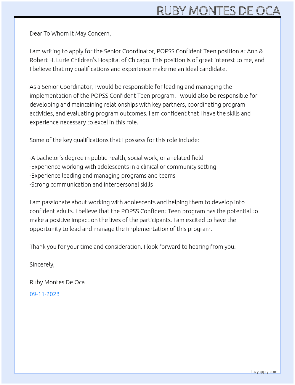 Senior Coordinator, POPSS Confident Teen At Ann & Robert H. Lurie Children’s Hospital of Chicago Cover Letter