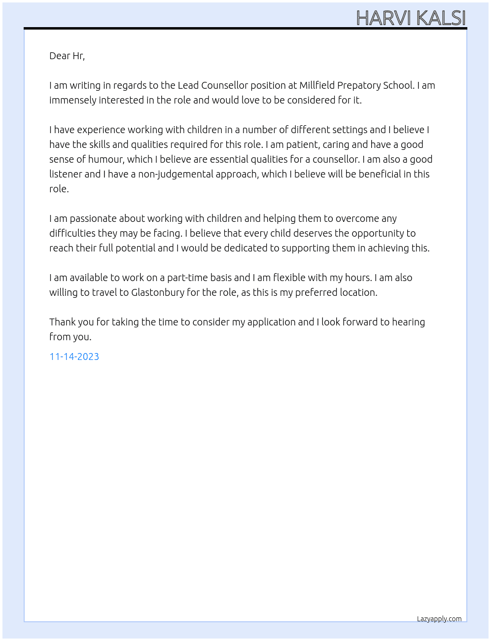 Lead counsellor At Millfield Prepatory School Cover Letter
