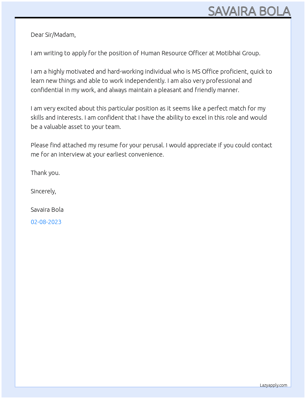 Human Resource Officer At Motibhai Group Cover Letter