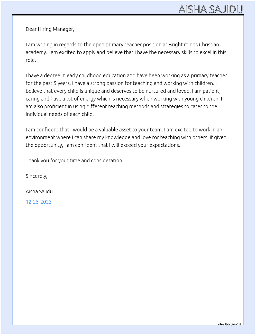 Primary teacher  At Bright minds Christian academy Cover Letter
