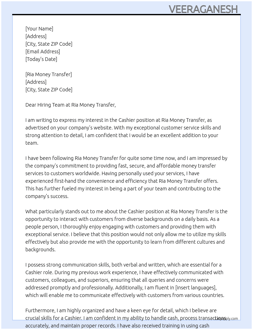 Cashier At Ria money transfer Cover Letter