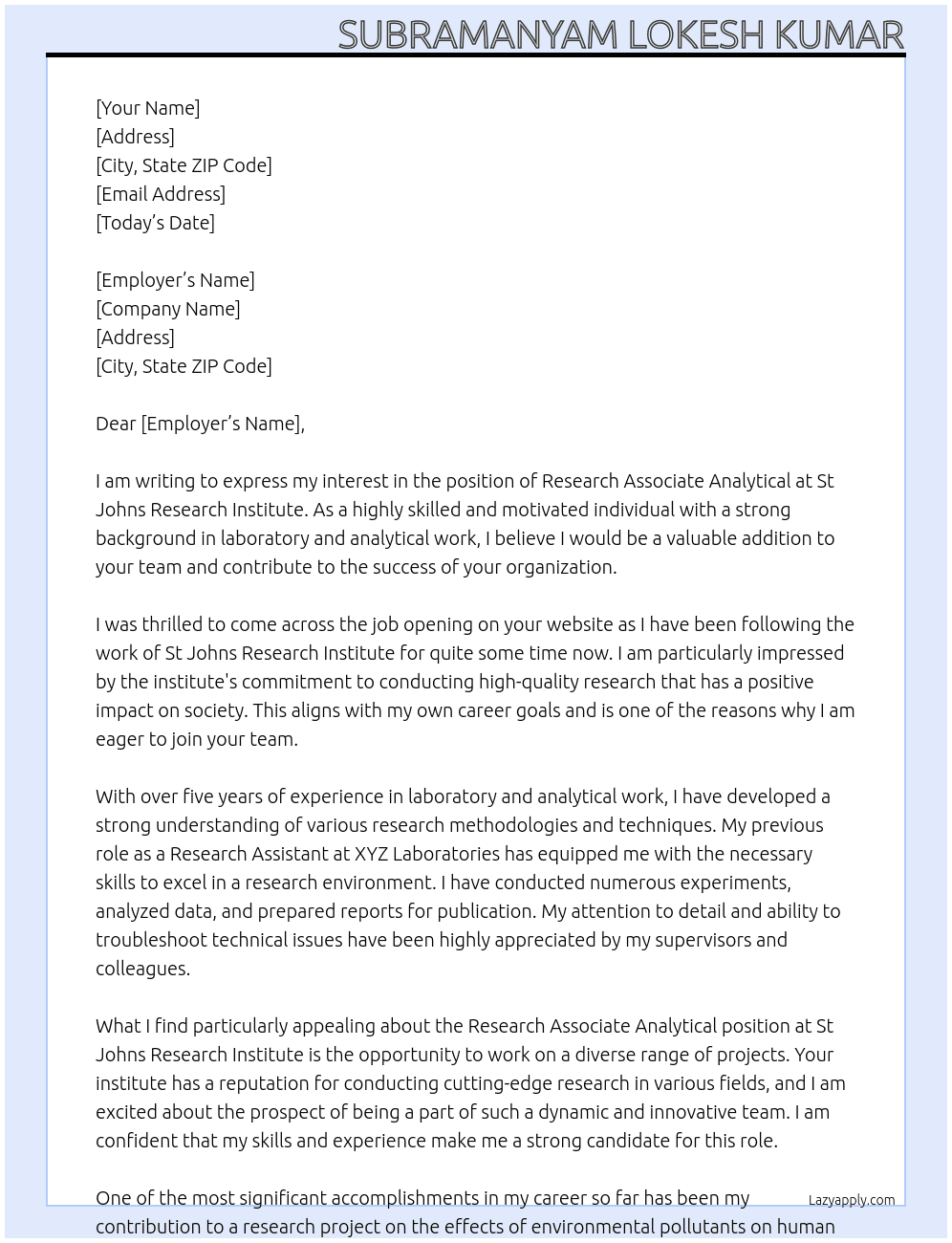 Research associate analytical  At St Johns Research institute  Cover Letter