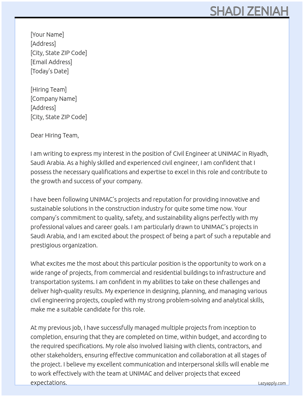 Civil Engineer  At UNIMAC Cover Letter