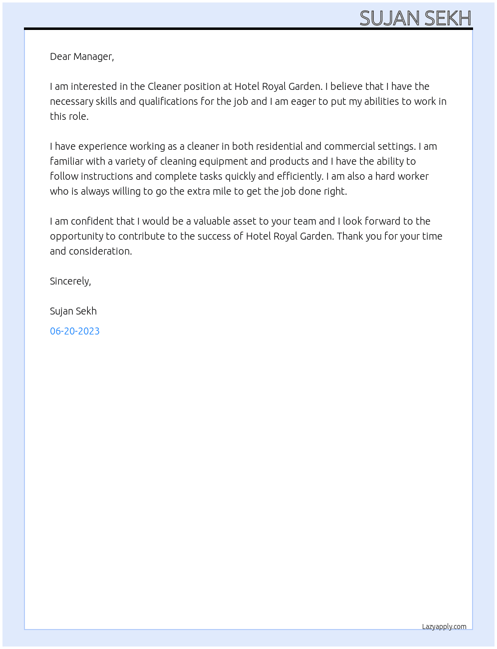 Cleaner At Hotel Royal Garden Cover Letter