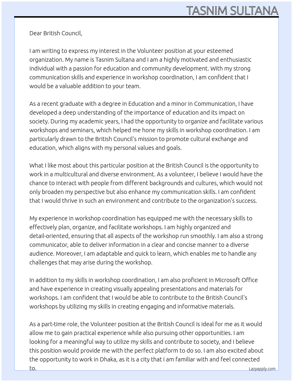 Volunteer  At British Counsil Cover Letter