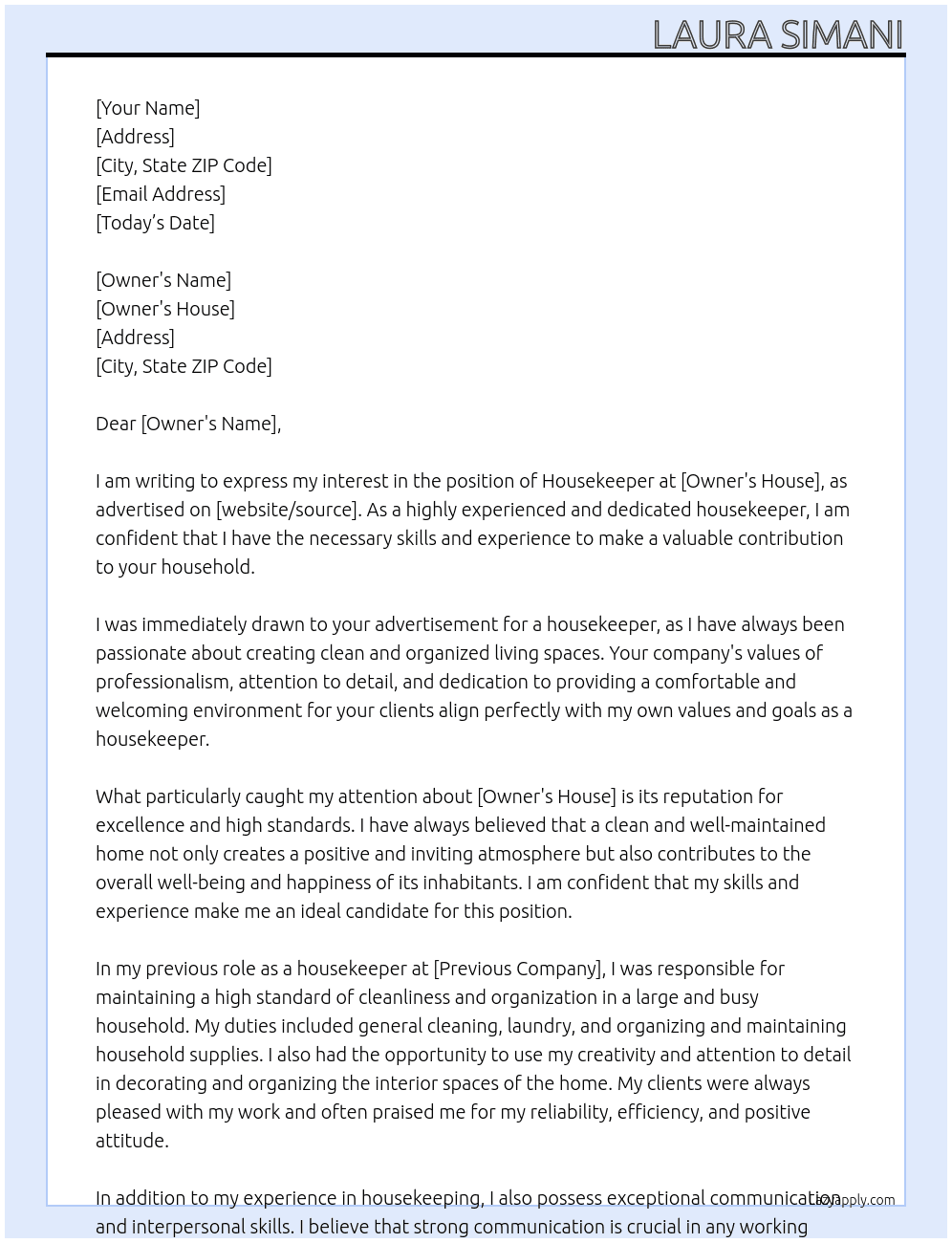 House keeper At owner house  Cover Letter