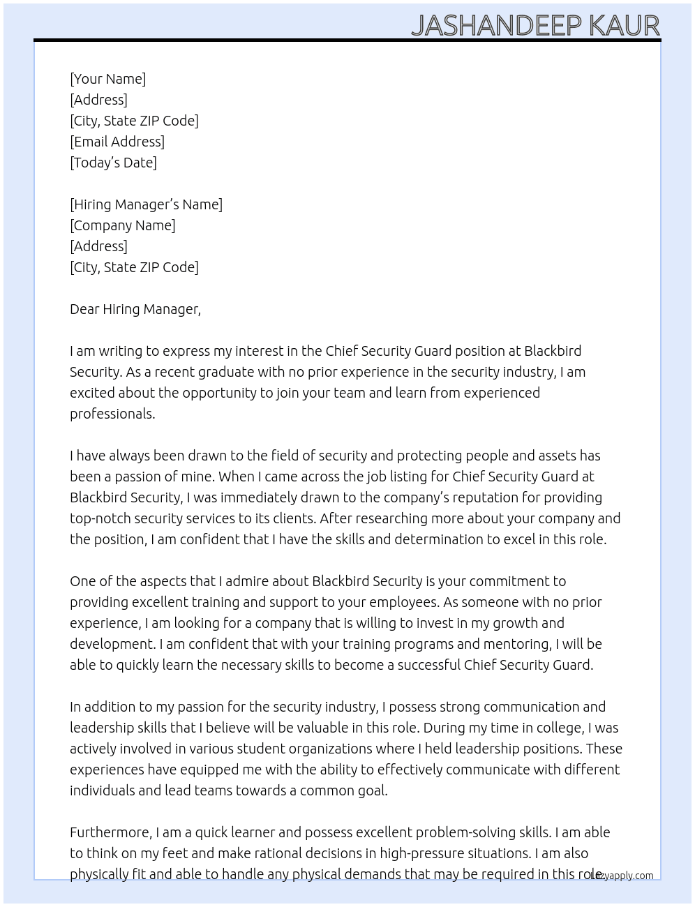 chief security guard At blackbird security Cover Letter