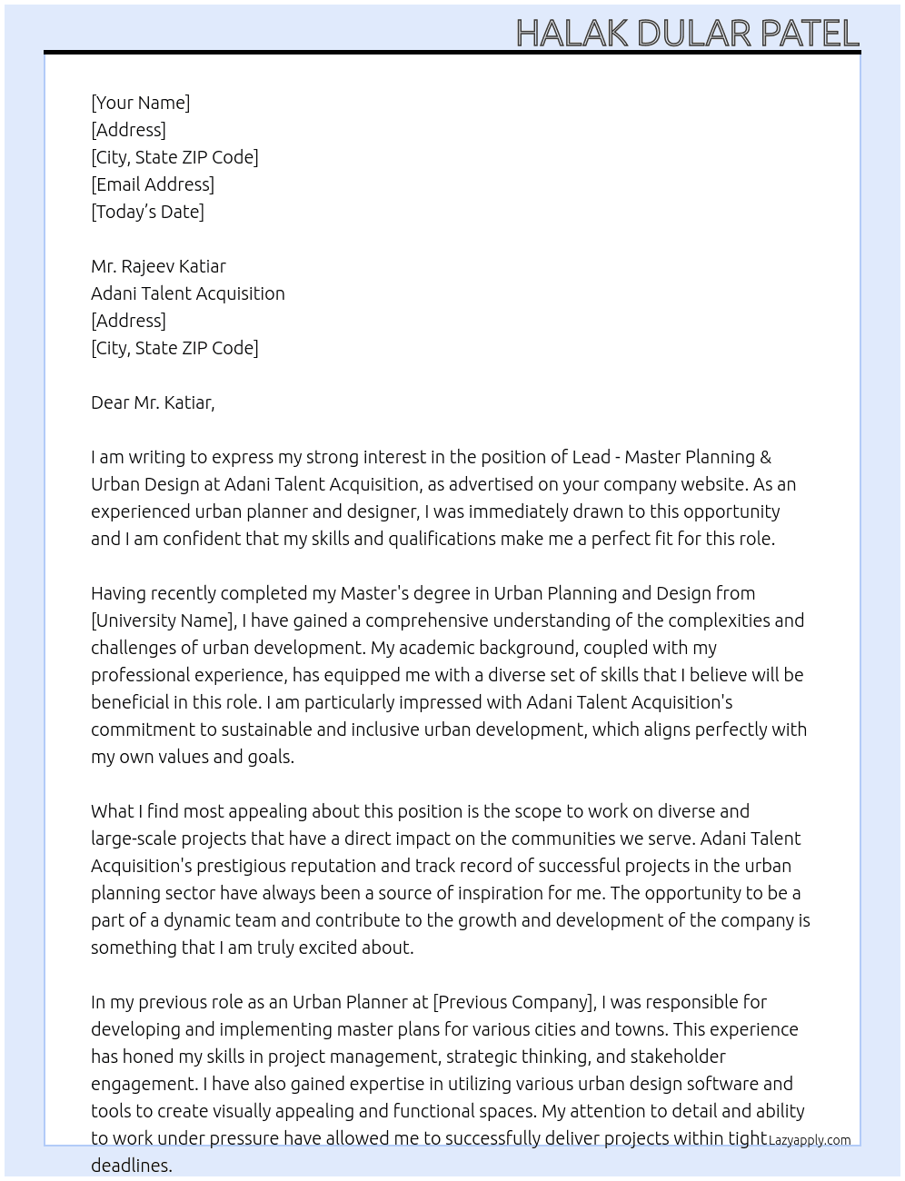 Lead - Master Planning & Urban Design At Adani Talent Acquisitin Cover Letter