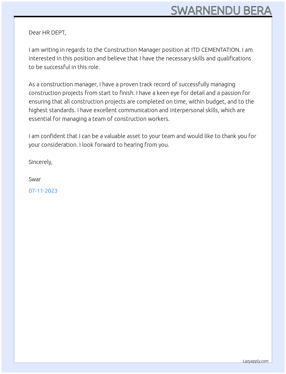 Construction Manager  At ITD CEMENTATION  Cover Letter