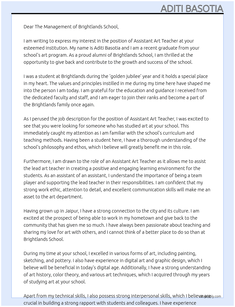 Assistant art teacher At Brightlands school Cover Letter