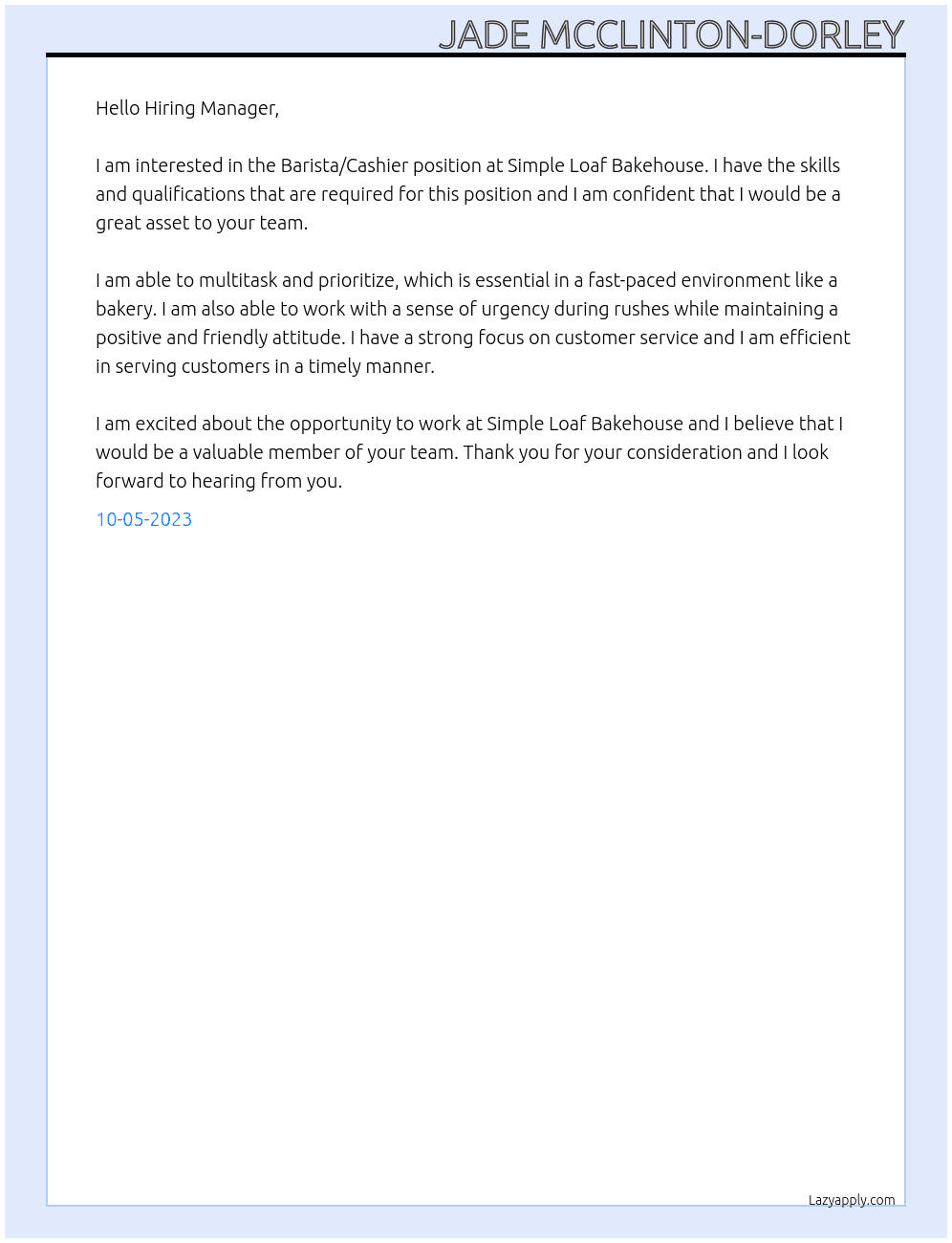 Barista/Cashier At Simple Loaf Bakehouse Cover Letter