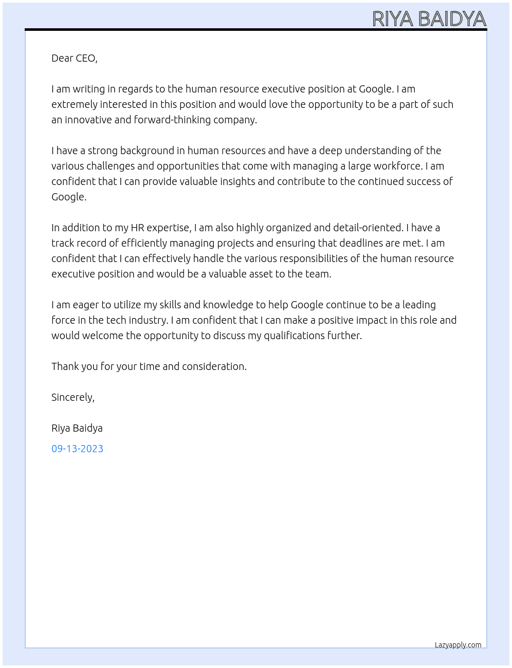 Human resource executive At google Cover Letter