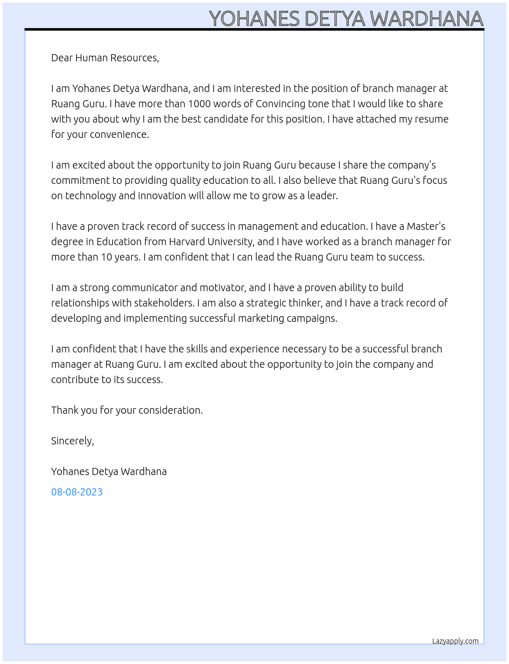 branch manager At Ruang Guru Cover Letter
